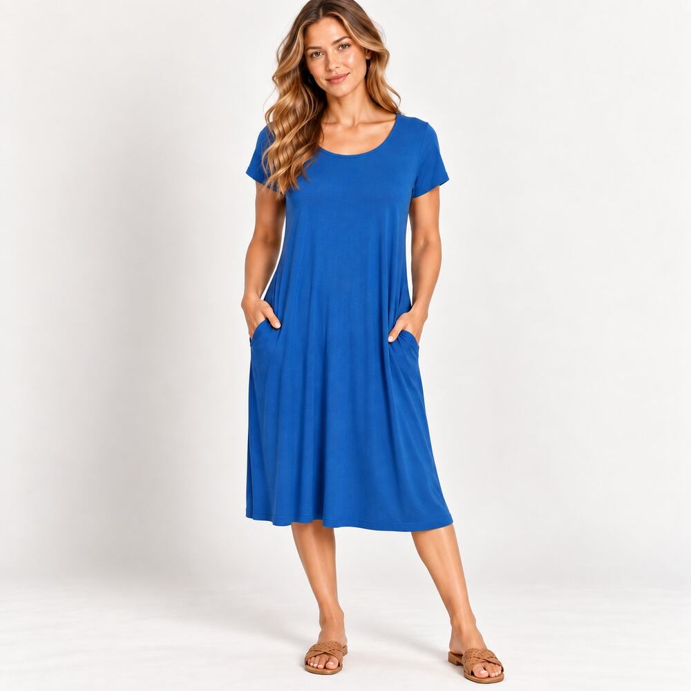 Susan Graver Liquid Knit Dress Women's Size XLP Blue Pockets Minimalist Office